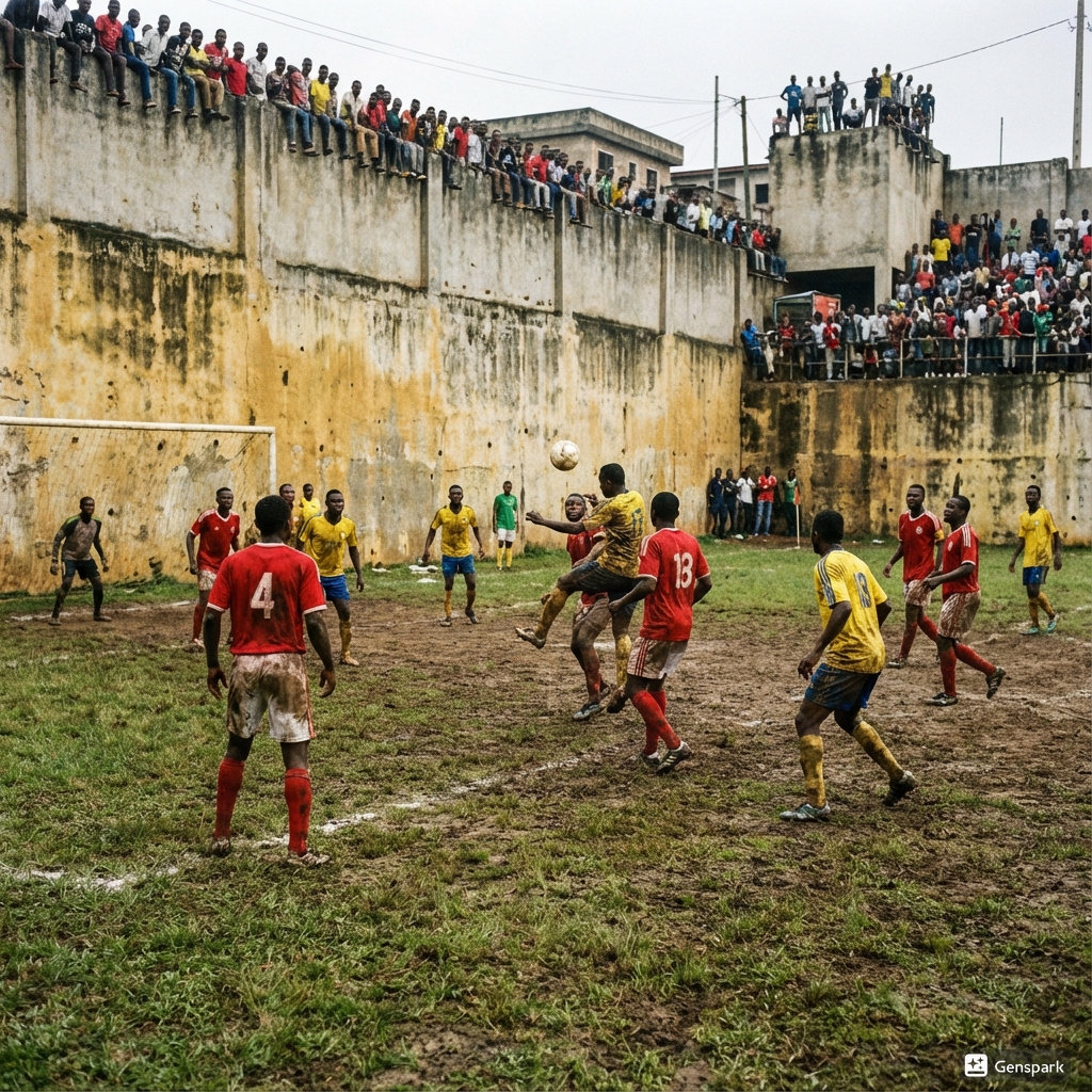 Jogo de futebol de várzea em campo de terra com lama e arquibancada lotada em um muro.