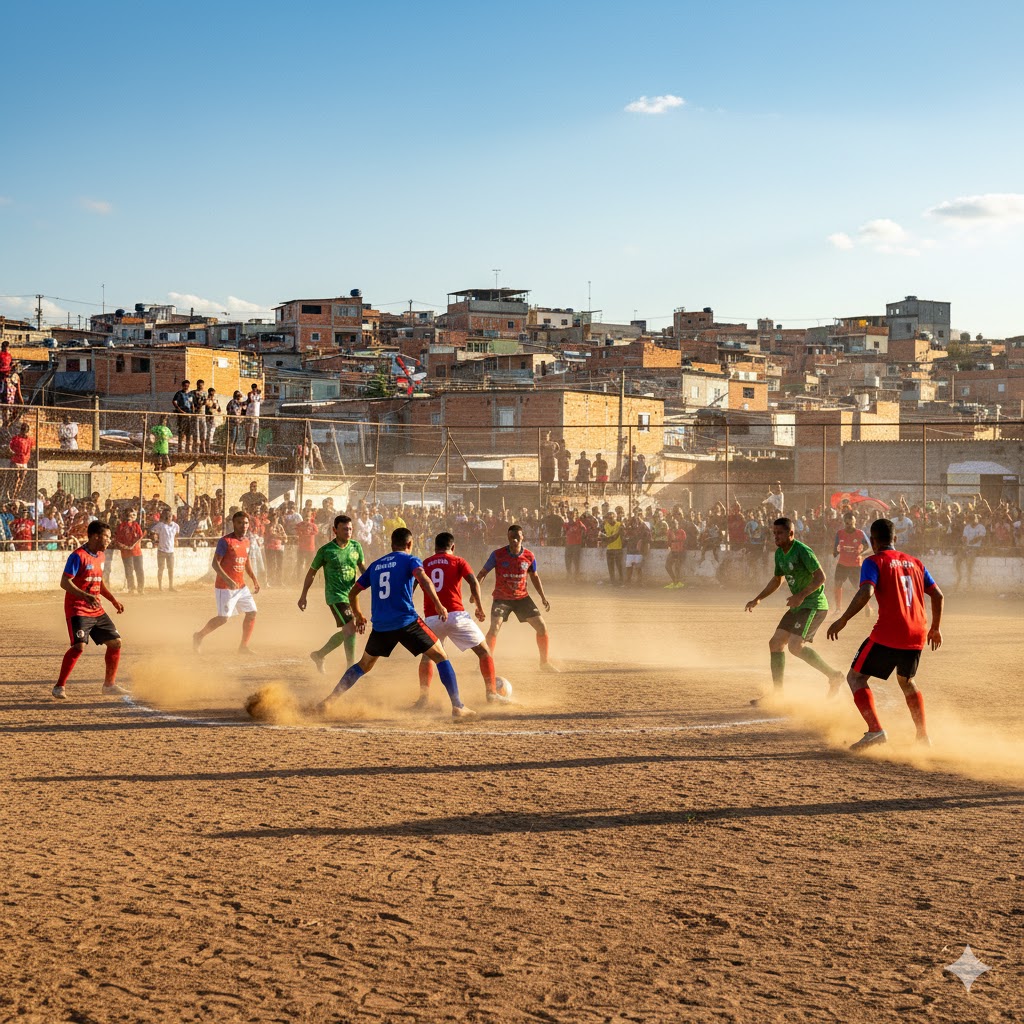 Foto ultra-realista de um intenso jogo de futebol de várzea em São Paulo, com jogadores disputando a bola e poeira subindo, e uma multidão na cerca lateral.